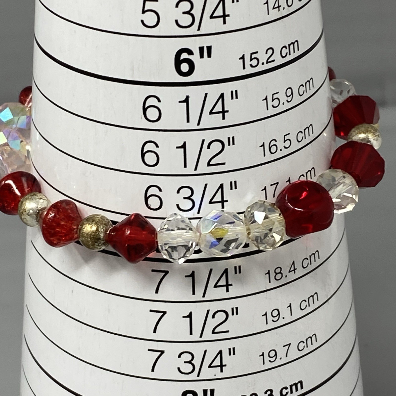 Glass Bead Bracelet Red Clear Pink Fire AB Coated Iridescent Bicone Stretch 7″