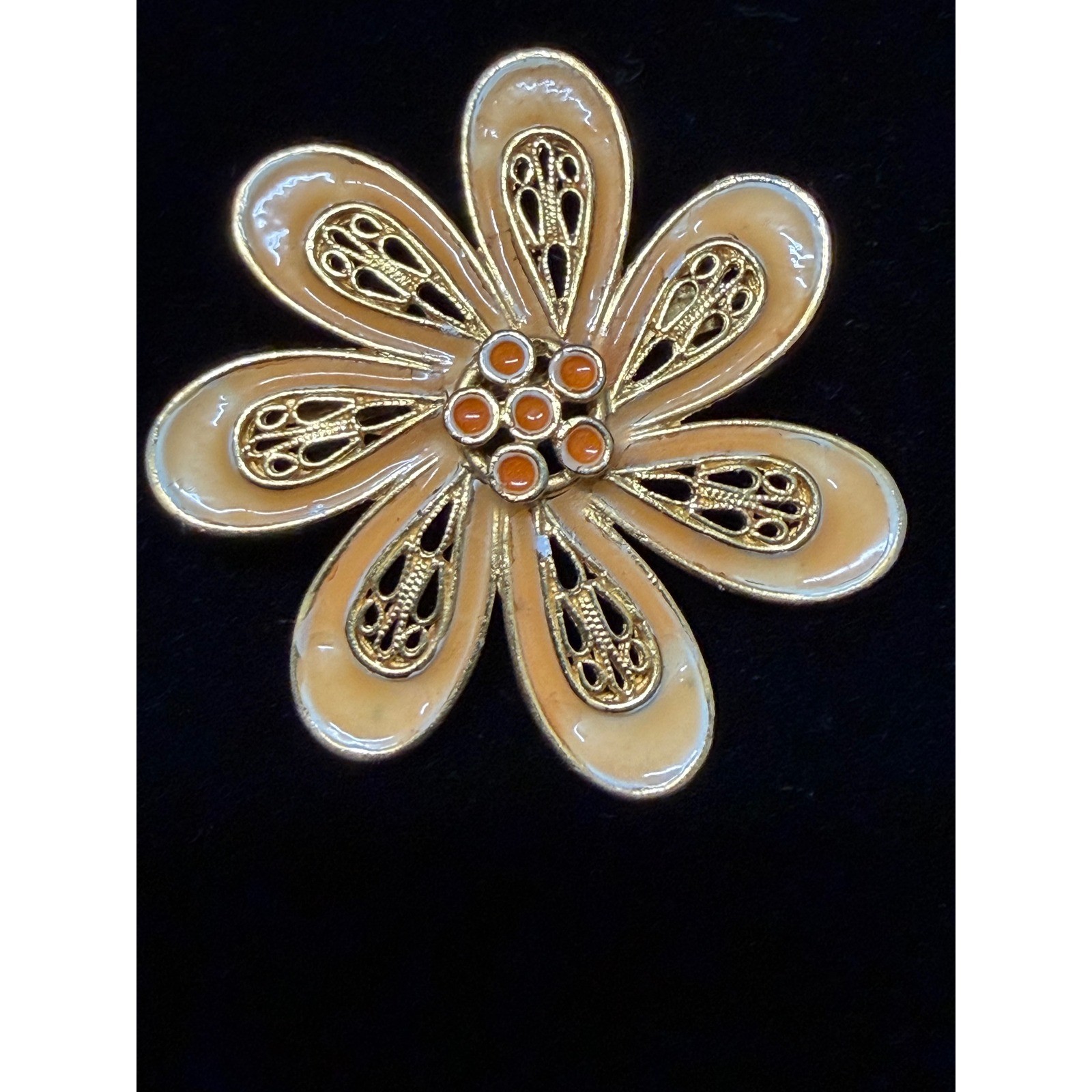 Vintage Gold Tone Peach Enamel Flower Brooch Orange Center Filigree Daisy Pin