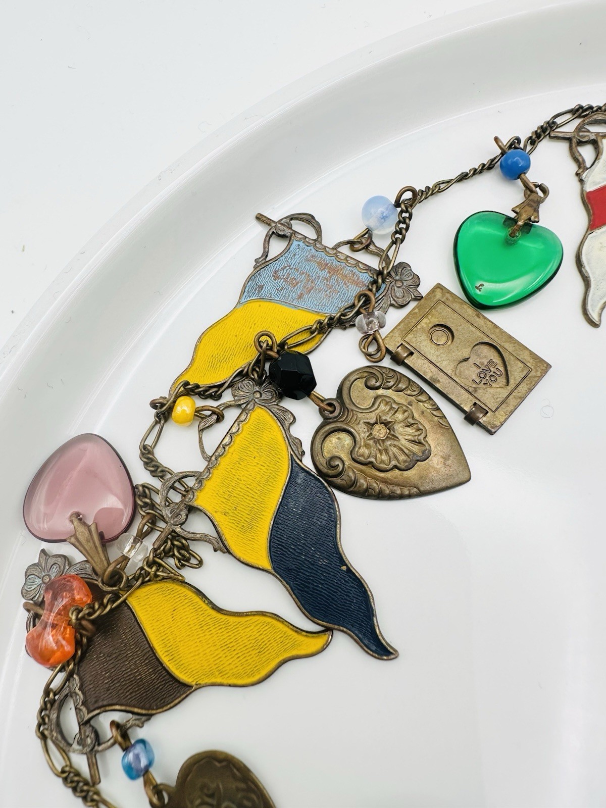 Vintage Glass Works Studio Flag Motifs Heart Glass Charms Multi Colors Necklace