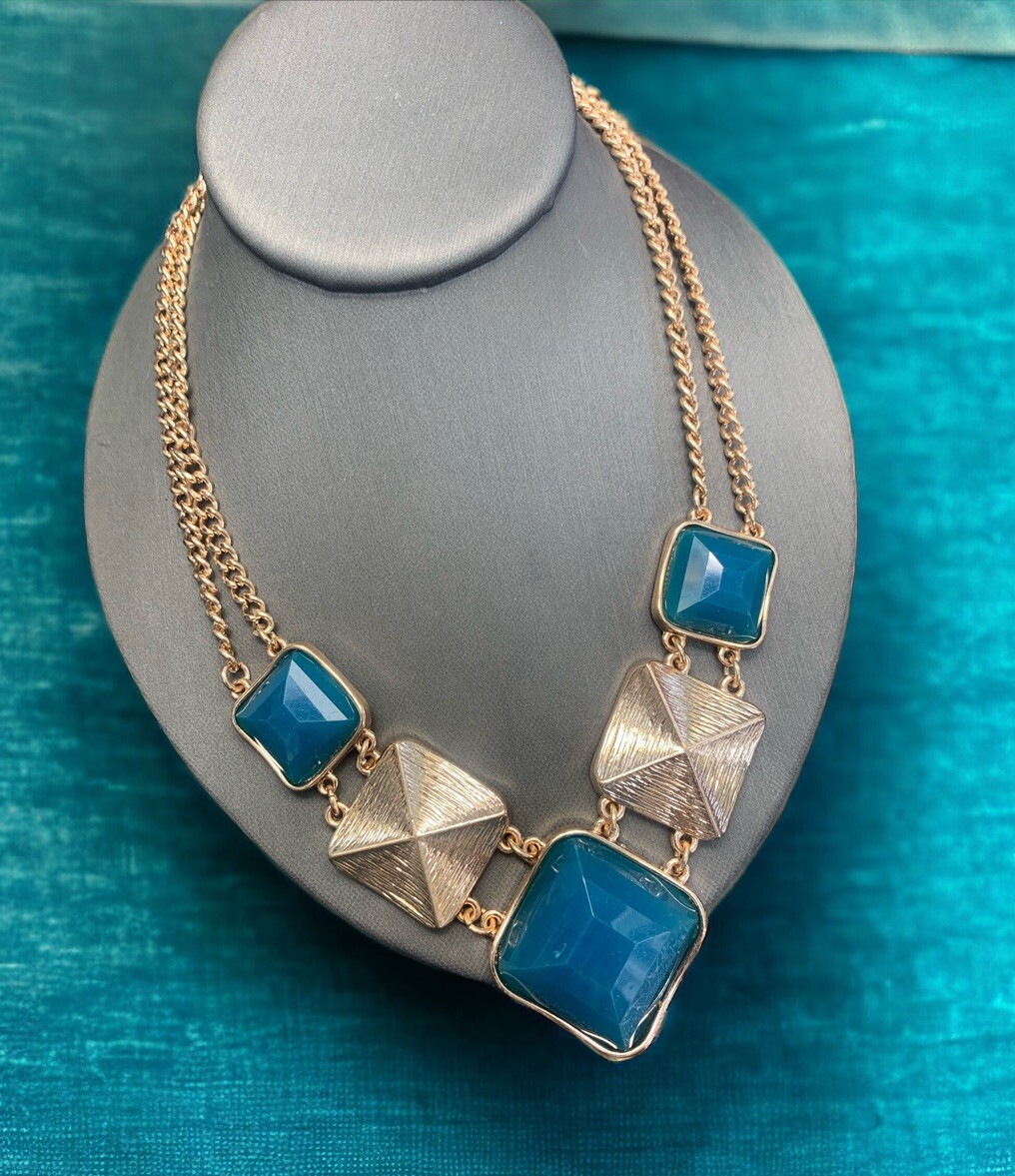 Vintage Teal Blue, Golden Chain, Bib Statement Necklace 18”
