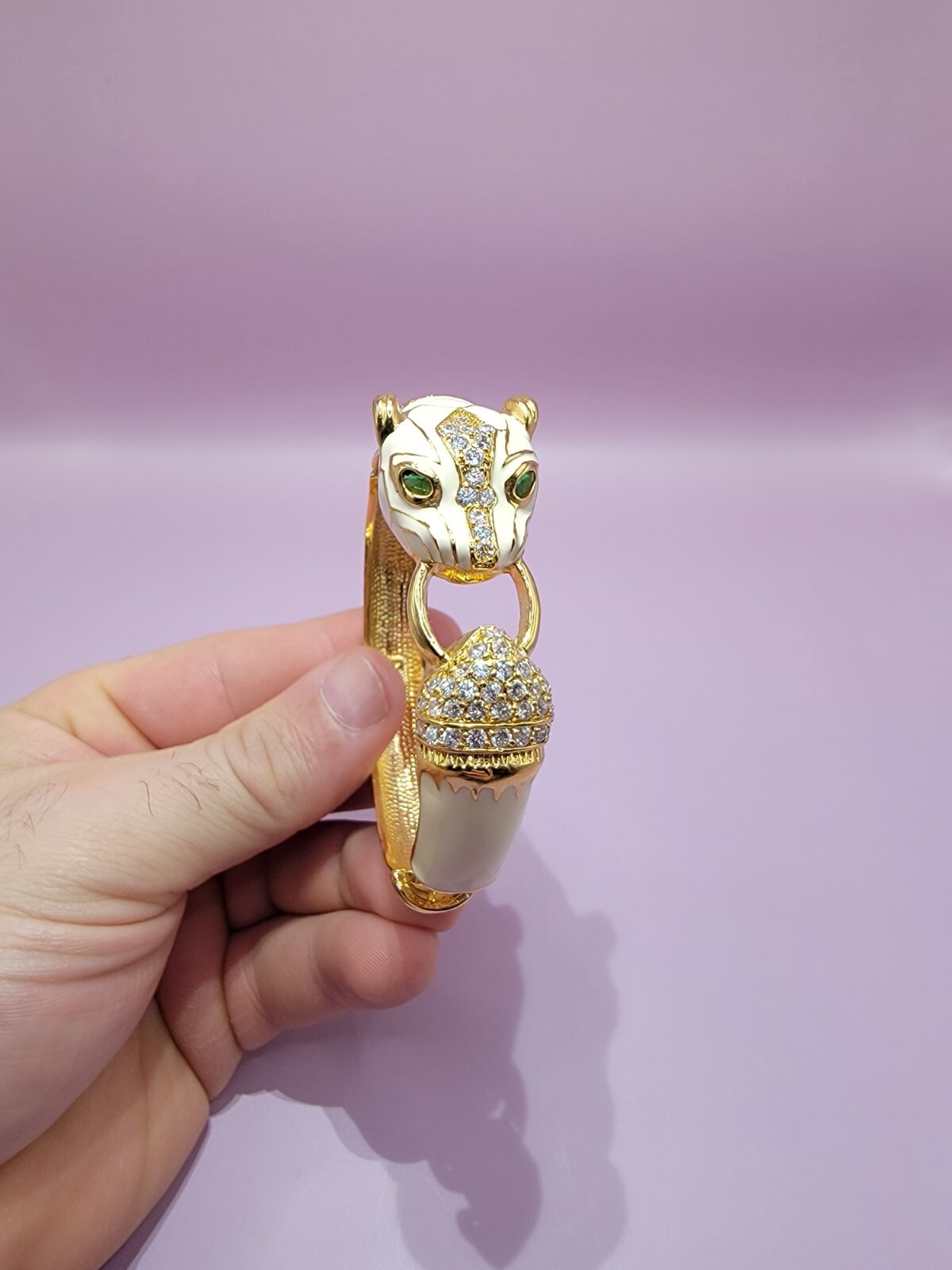 Vintage NOIR Ivory Enamel and Gold Tone PANTHER Head Clamper Bracelet