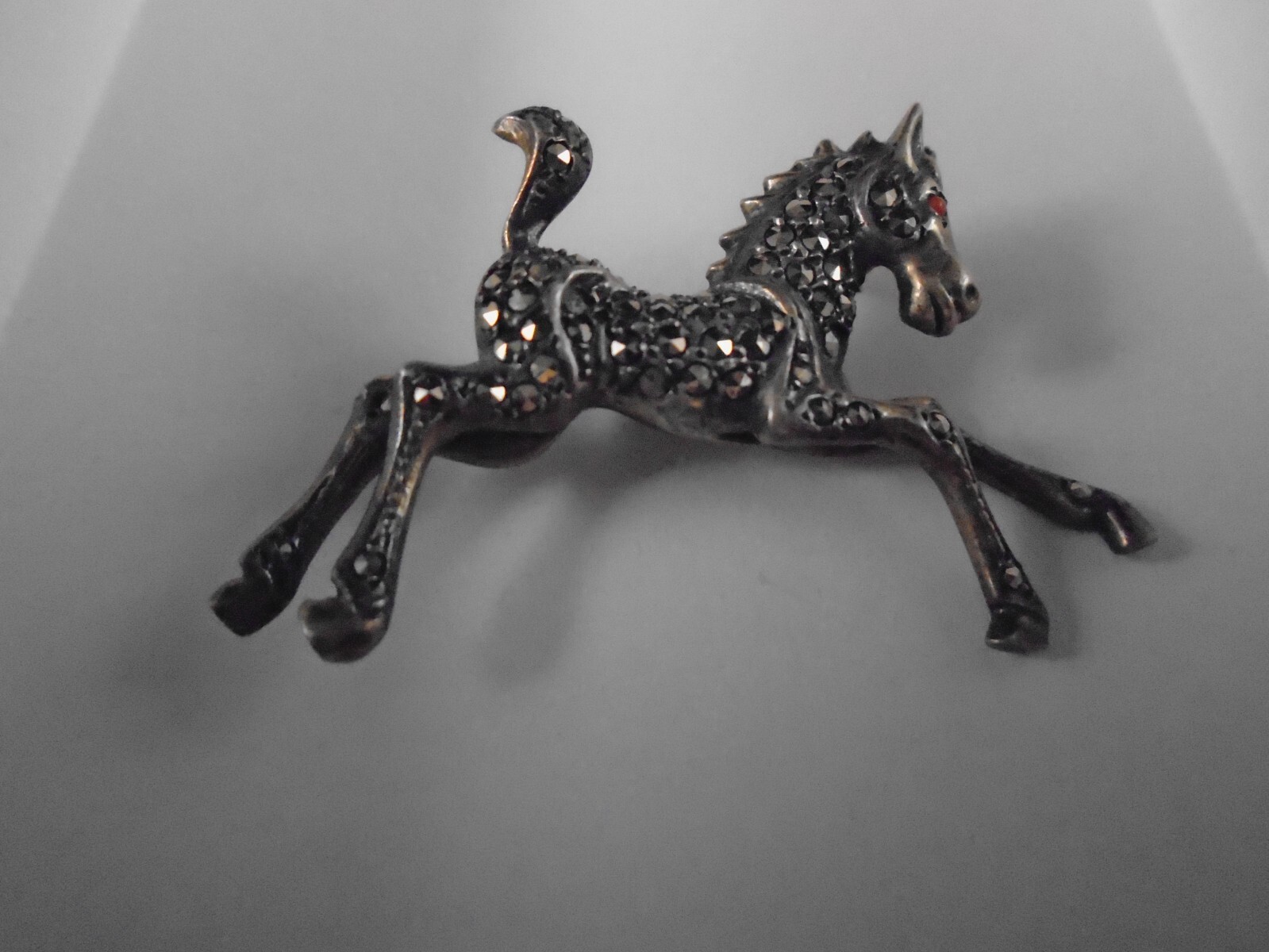 Sterling Silver And Marcasite Horse Brooch With Coral Eye Germany