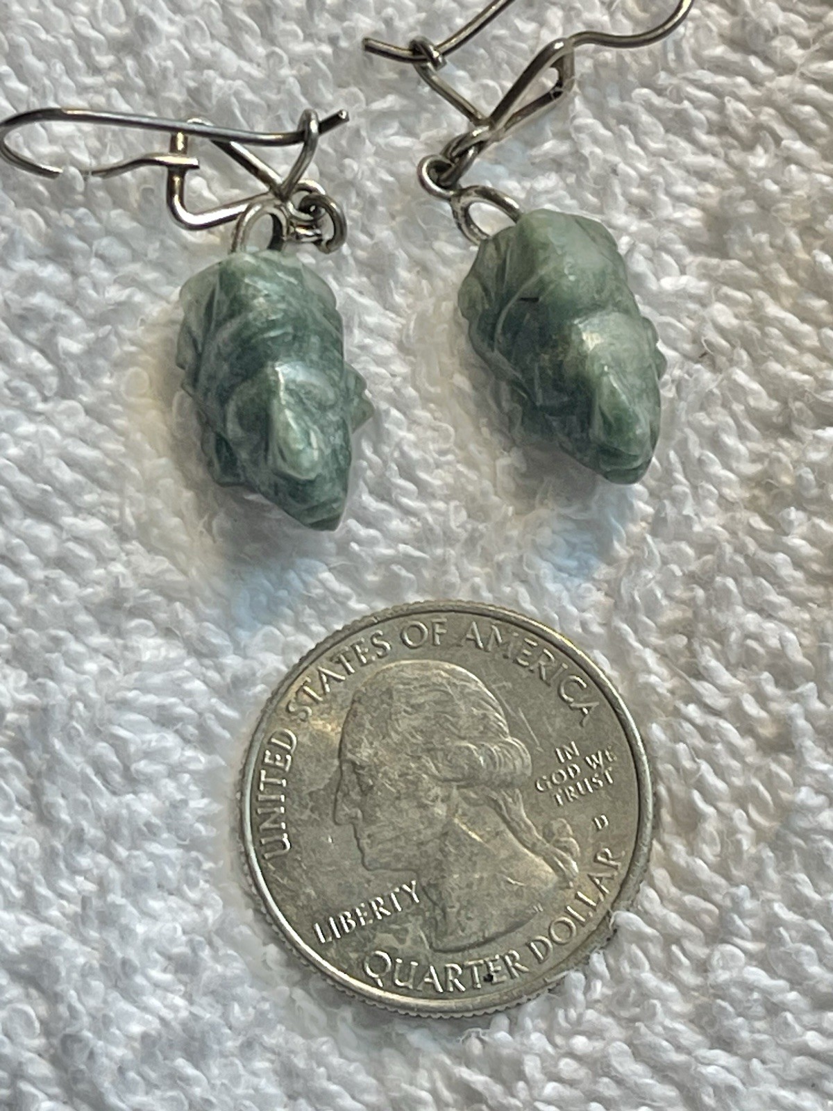 Vintage Mayan Aztec Mask Head Dangle Earrings Green Face Jade (?) Stone Silver