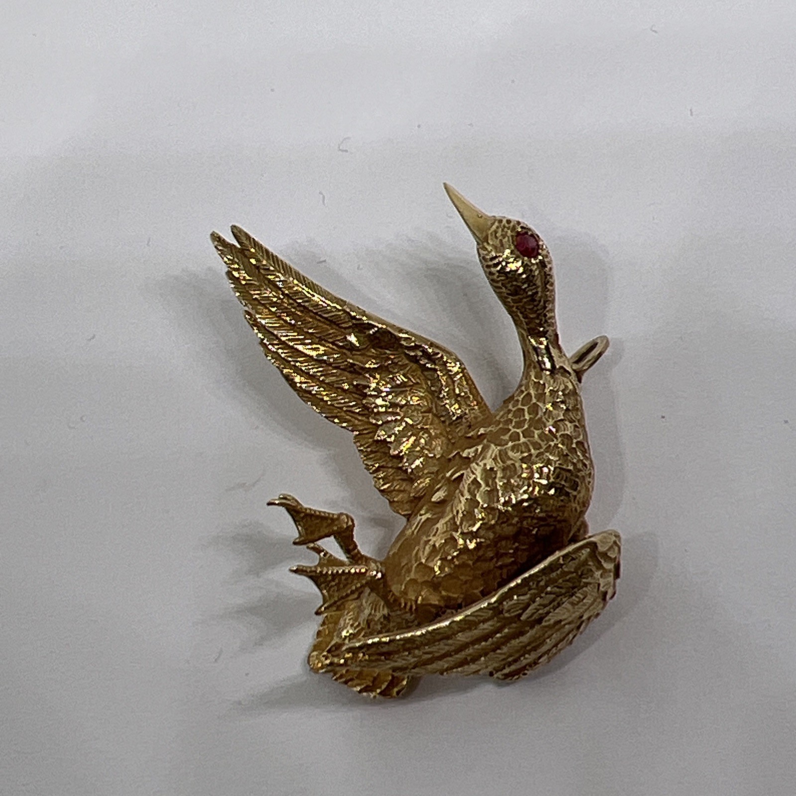 Vintage 14K Gold Mallard Duck Brooch Pendant 12.4g Ruby Eye Convertible