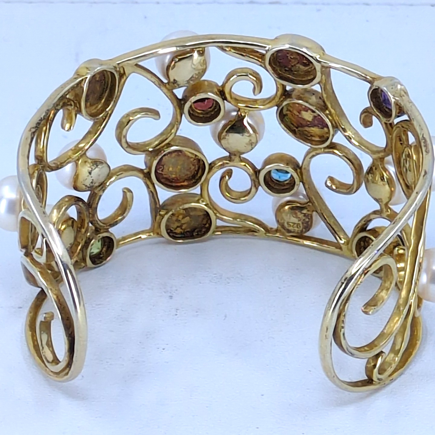 Gold Wash 925 Sterling Silver Multi-Gemstone & Mabe Pearl Filigree Cuff Bracelet