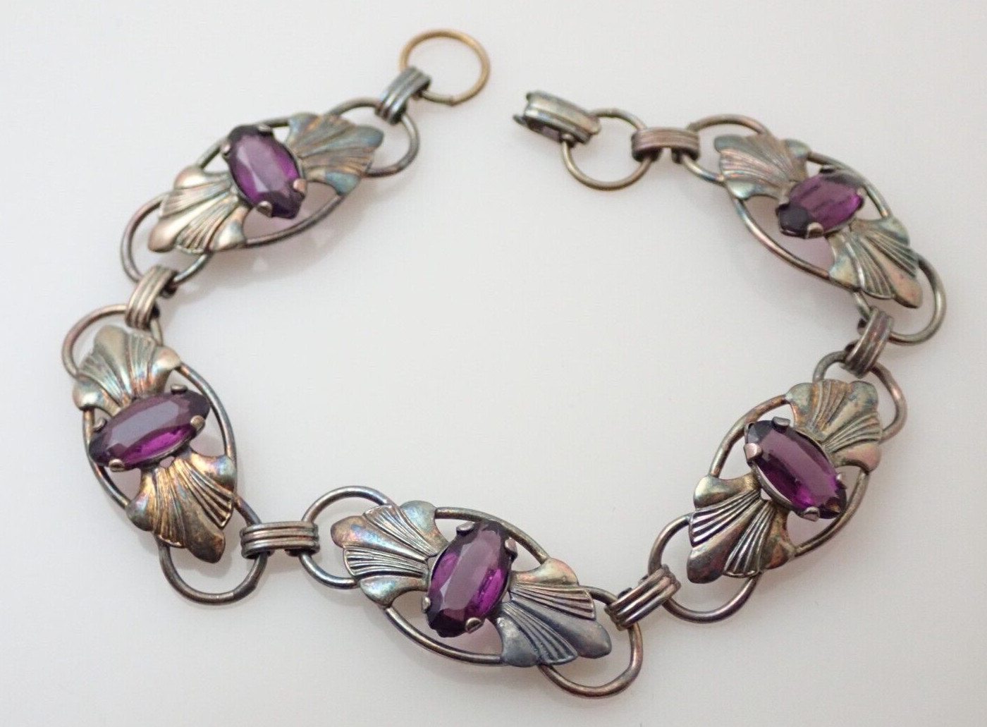 Vintage 12k Gold Filled Sterling Silver Purple Glass Stone Link 7.25″ Bracelet