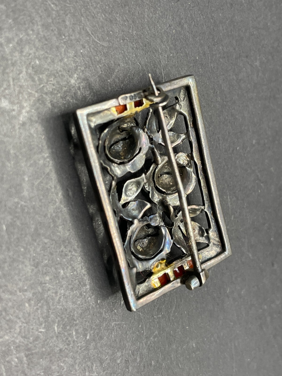 Vintage Floral Sterling Onyx & Coral Brooch/Pin