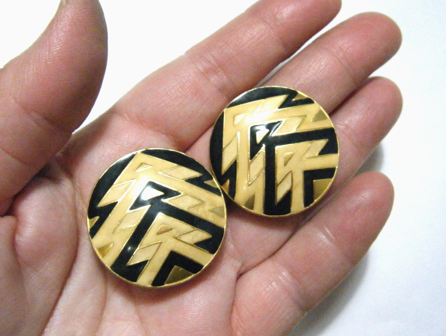 Vintage 80s Retro Orena Paris Gold ClipOn Large Button Earrings Geometric Enamel