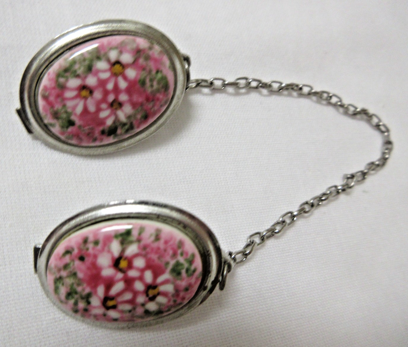 Vintage Silver Tone Hand Painted Pink with White Flowers Porcelain Sweater Clip