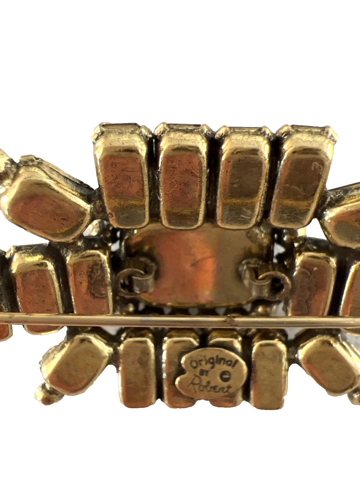 VTG. SIGNED ORIGINAL by ROBERT AMBER RHINESTONE BROOCH / RARE DESIGN