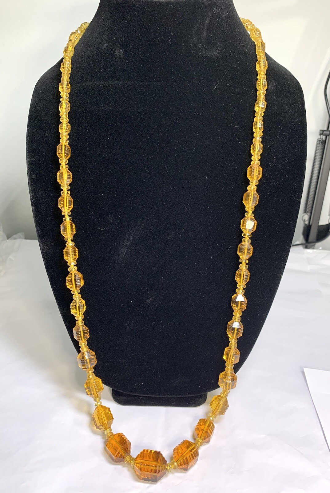 Vintage STUNNING Amber Czech Glass Lozenge Hand Knotted Beaded Necklace 36″ !