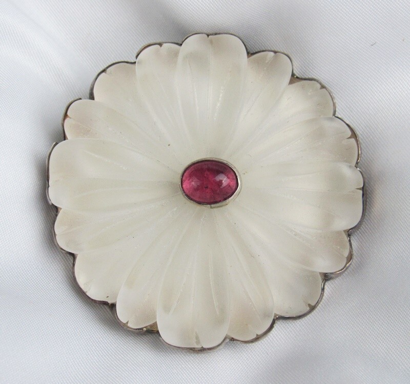 Vintage Amy Kahn Russell Frosted Glass Sterling Silver Flower Brooch Pin Pendant