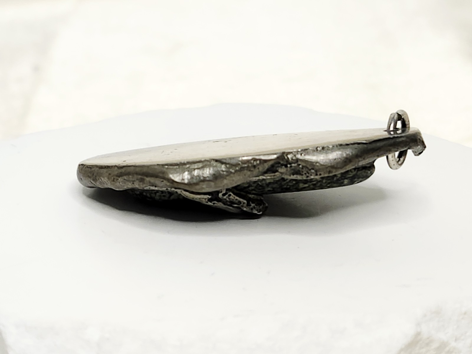 Handmade Nickel Silver Or Pewter Pendant W Polished Black & Green Stone – 2″ L