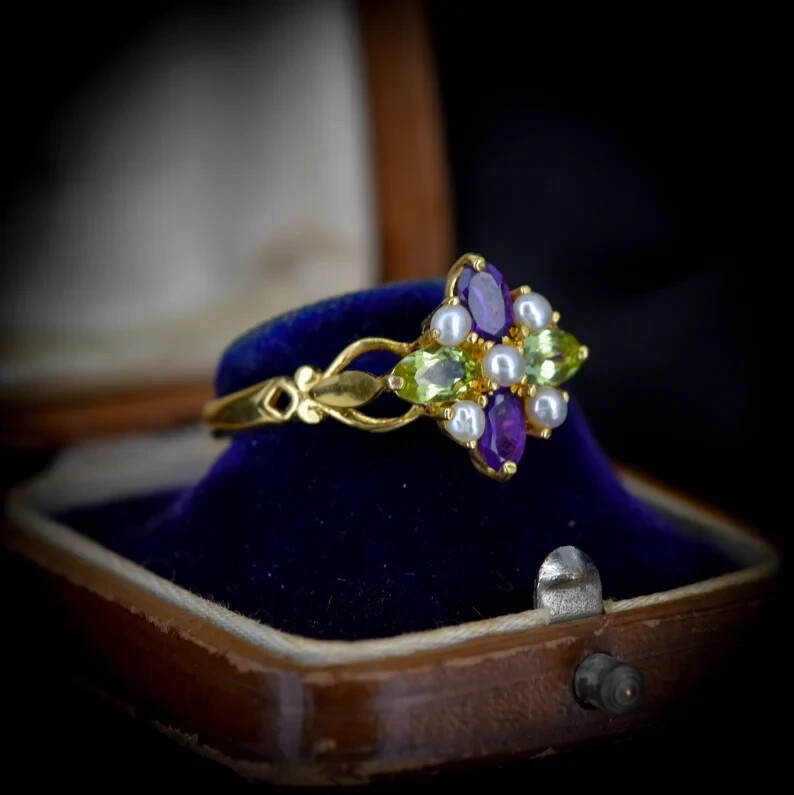 Suffragette Cluster Ring Natural Peridot Amethyst Pearl 14k Yellow Gold Finish