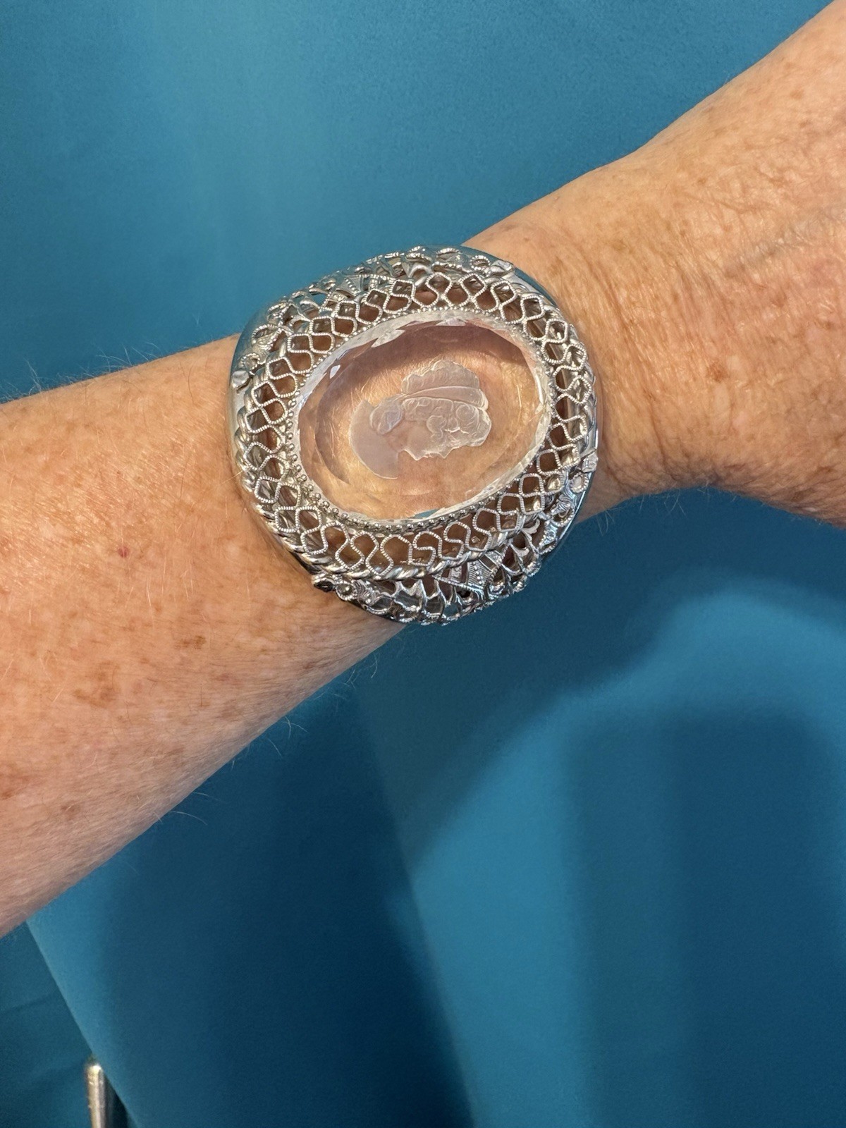 Whiting & Davis massive cuff bracelet clear cut cameo silver tone sz 6.5 vintage