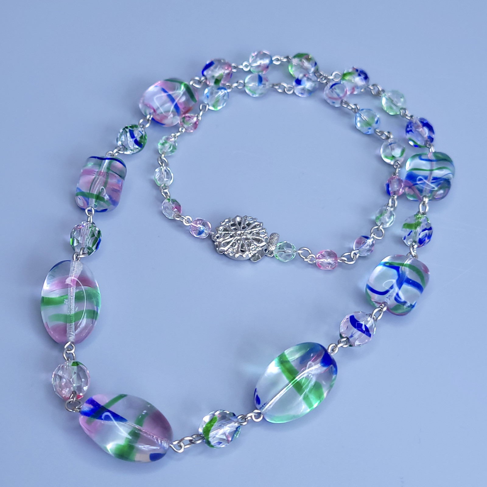 Iris Glass Necklace 24” Multicolor Czech Vintage Beads Women`s Jewelry