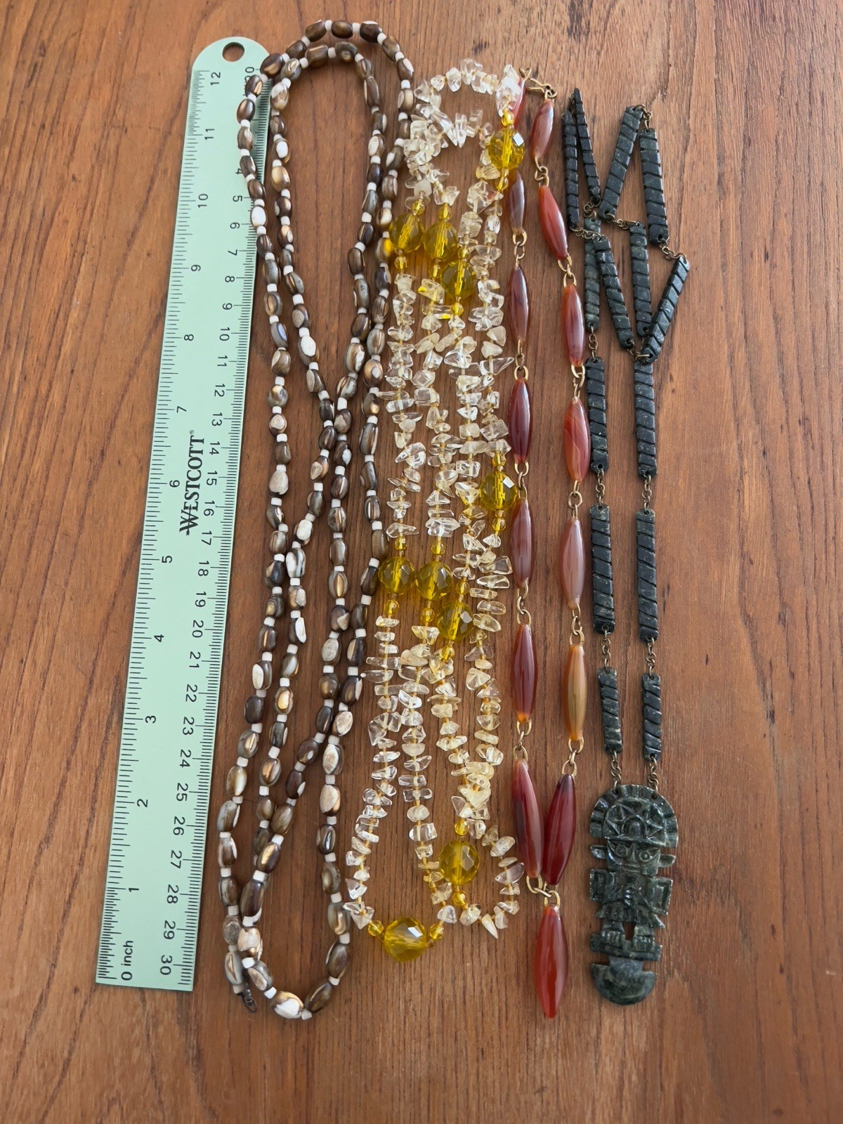 Vintage Lot – 4 Boho Necklaces: 20-48” – Moss Agate, Citrine, Trochus Shell Bead