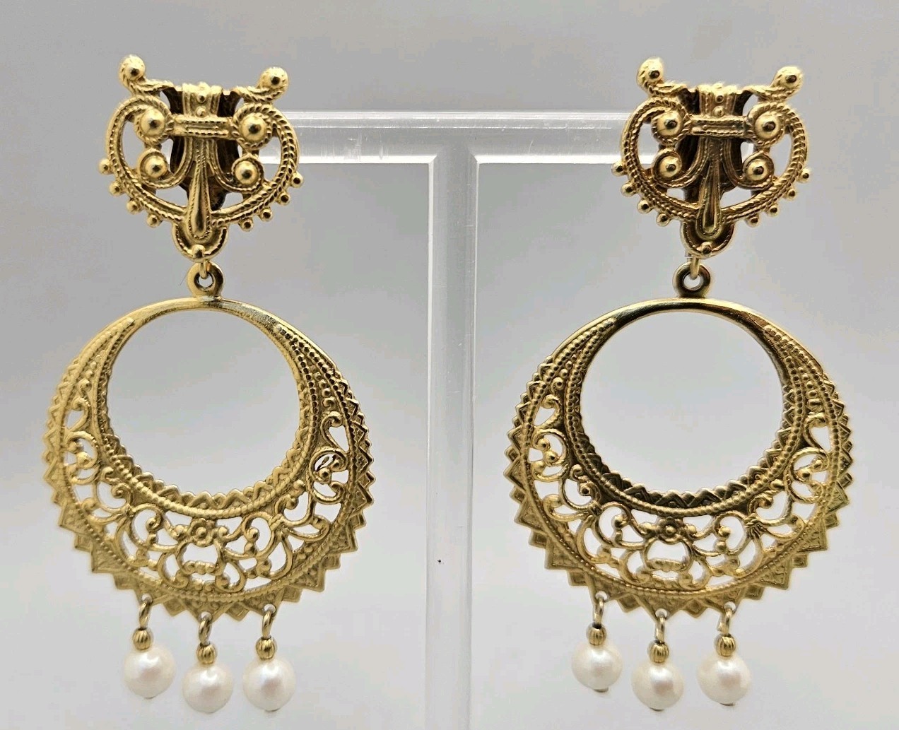 Vintage Gold Tone Earrings Filigree Hoop Faux Pearl Dangle Pierced Post Ornate