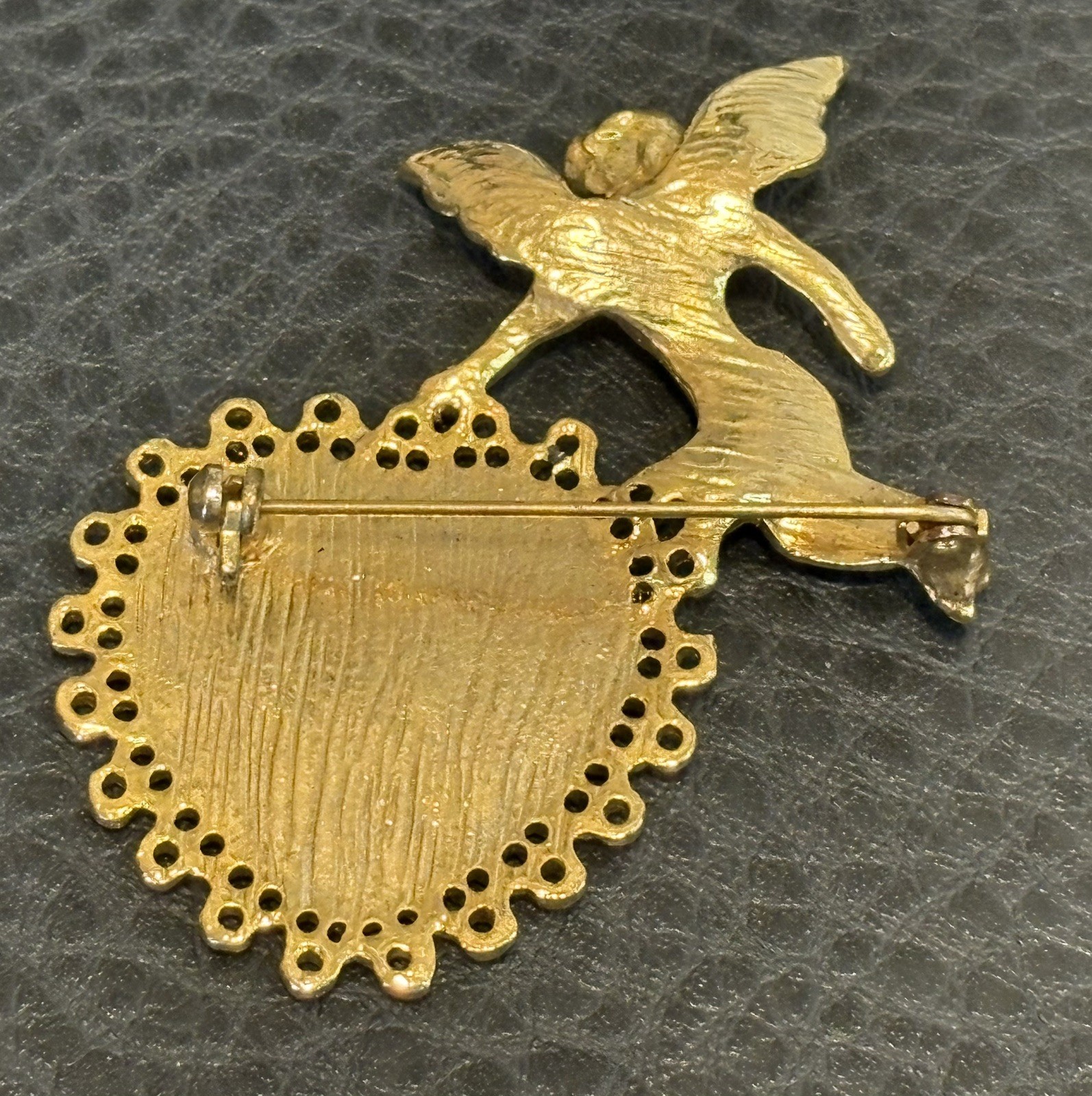 VTG Brooch Cupid Gold Toned Angel Red Glitter Heart Cherub Valentine Love Pin