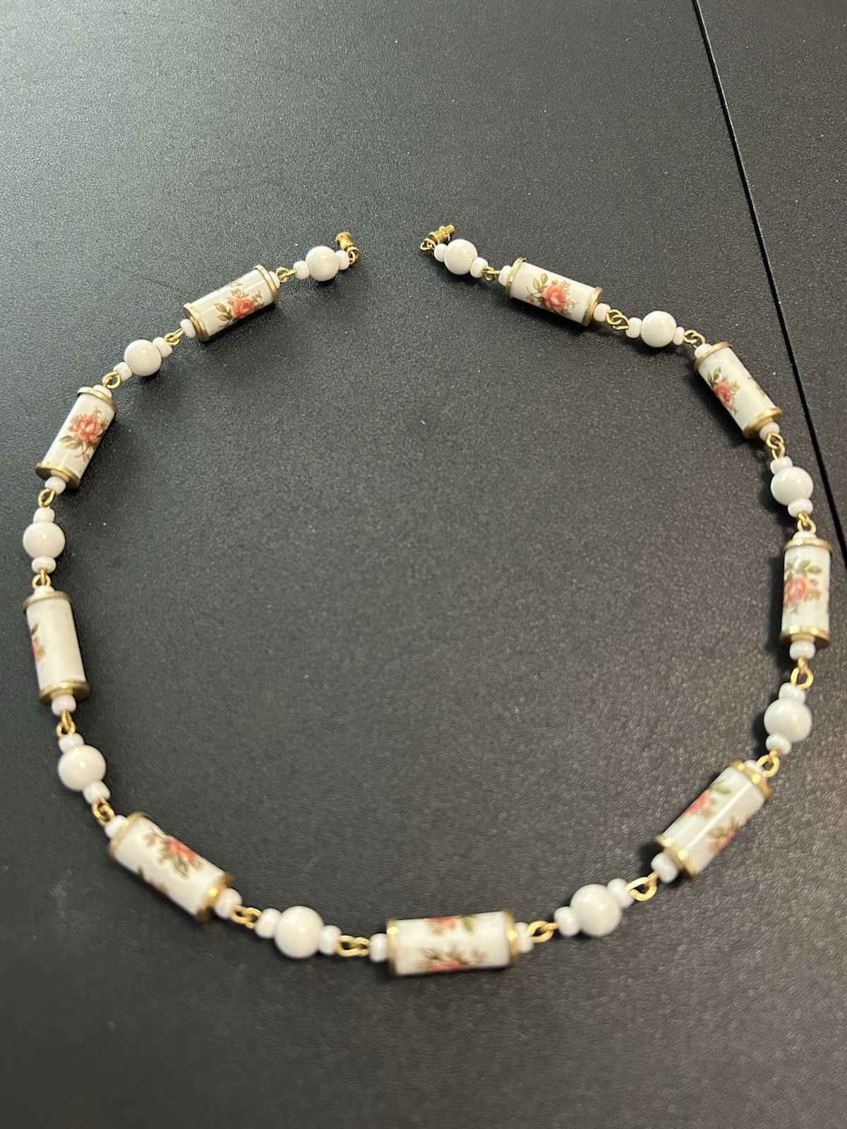 Vintage Porcelain Necklace with A Gold-tone Finish and Floral Accents. See Pics