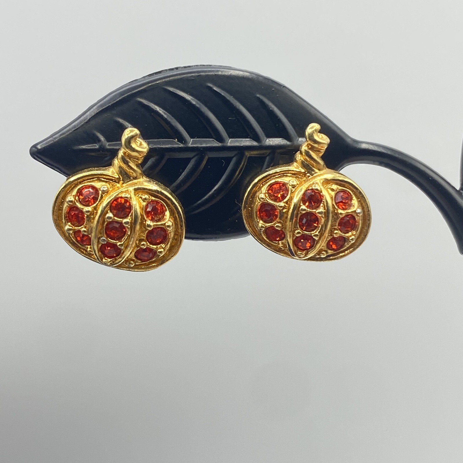 Vintage 1982 Avon Gold Tone Orange Rhinestone Precious Pumpkin Pierced Earrings