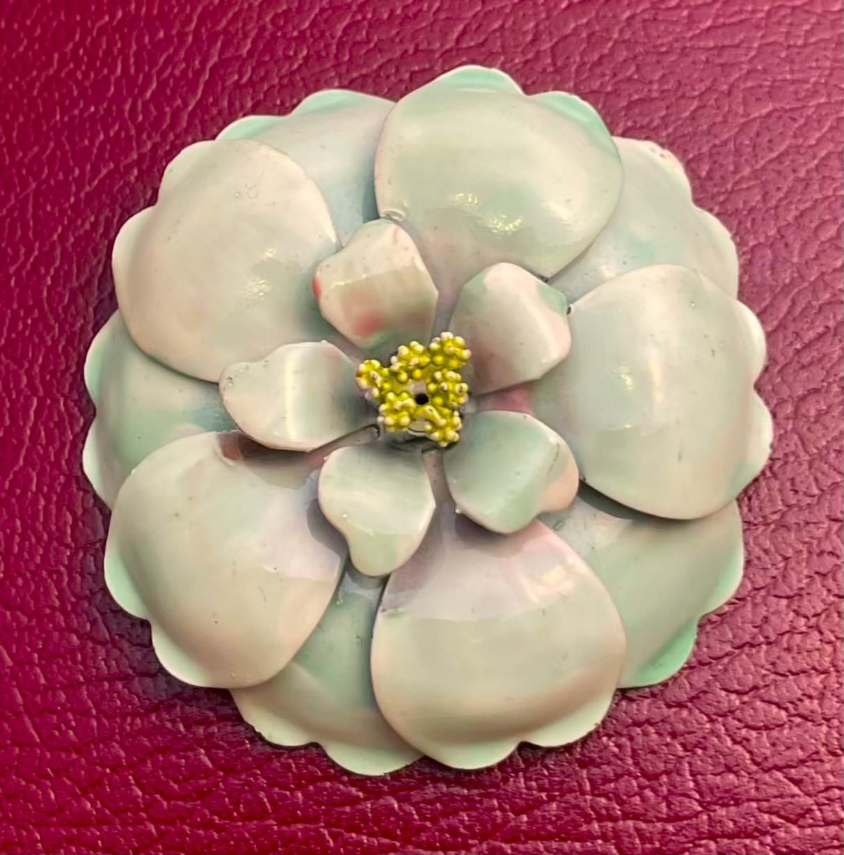 Vintage Enamel on Copper Floral Brooch Light Green 3D Poppy Flower Power 2.25″