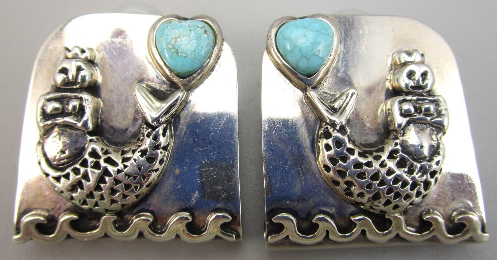 BEAUTIFUL DIAN MALOUF STERLING SILVER TURQUOISE MERMAID CLIP ON EARRINGS 26.3G
