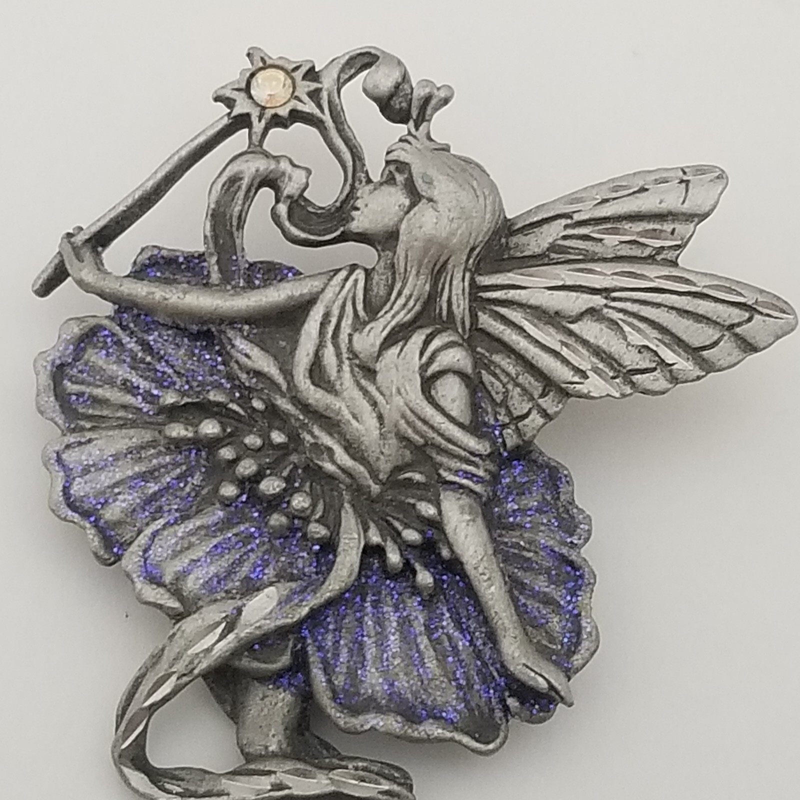 JJ Jonette Jewelry Pewter Fairy Purple Glitter Brooch Pin Fairytale Fantasy