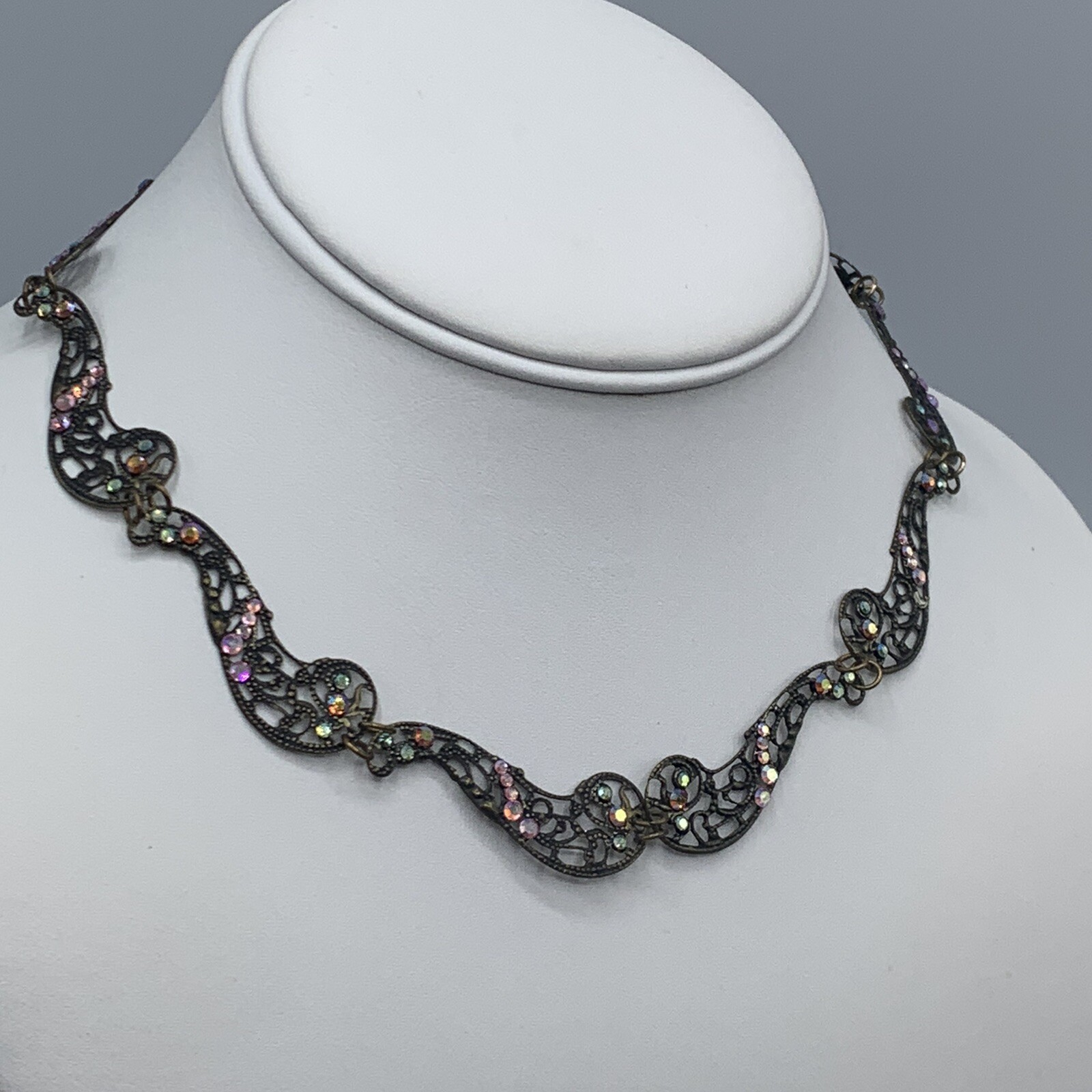 Glass Works Studio Brass Crystals Art Deco Style Dainty Necklace Flawed 14-18″