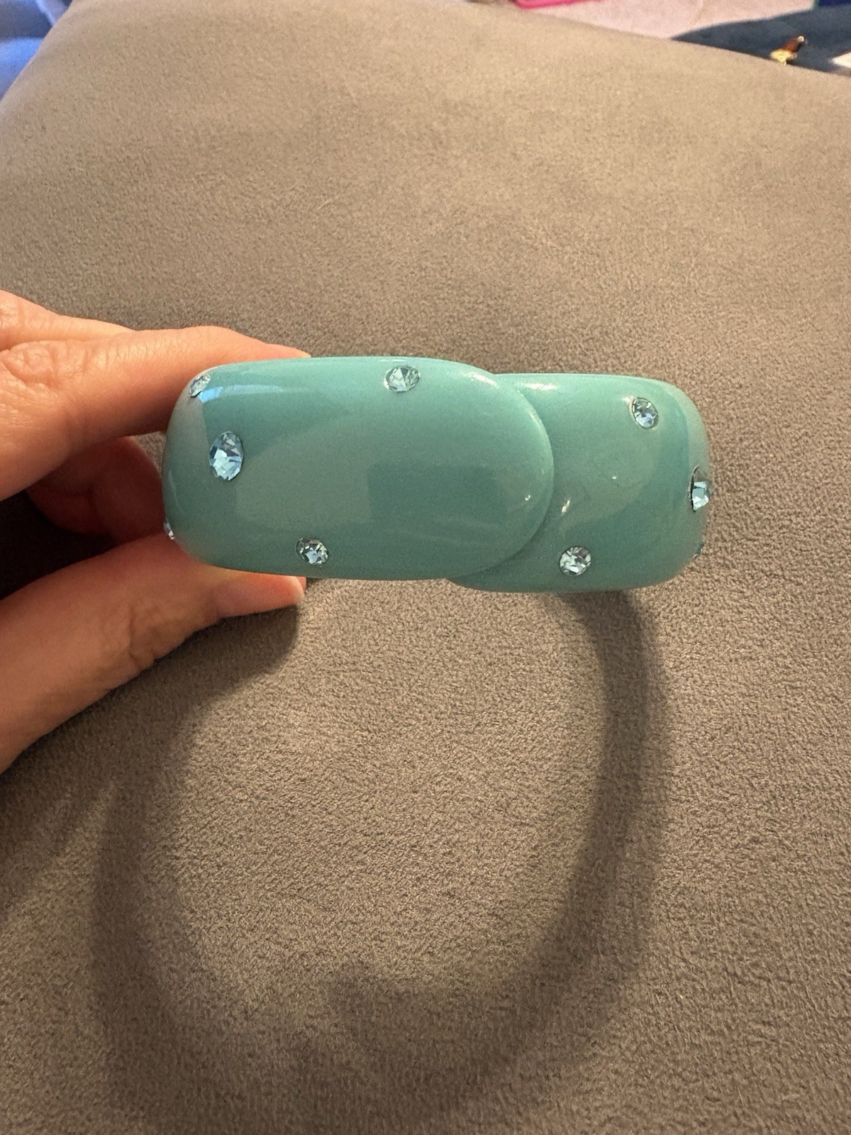 Vintage Light Teal And Rhinestone Lucite Clamper Bangle Cuff Bracelet