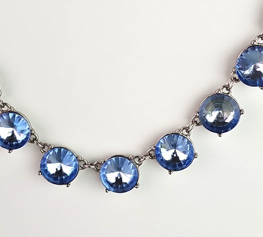 Vintage Light Blue Necklace Faceted Prong Acrylic Stone Silver Tone 20 inch Read