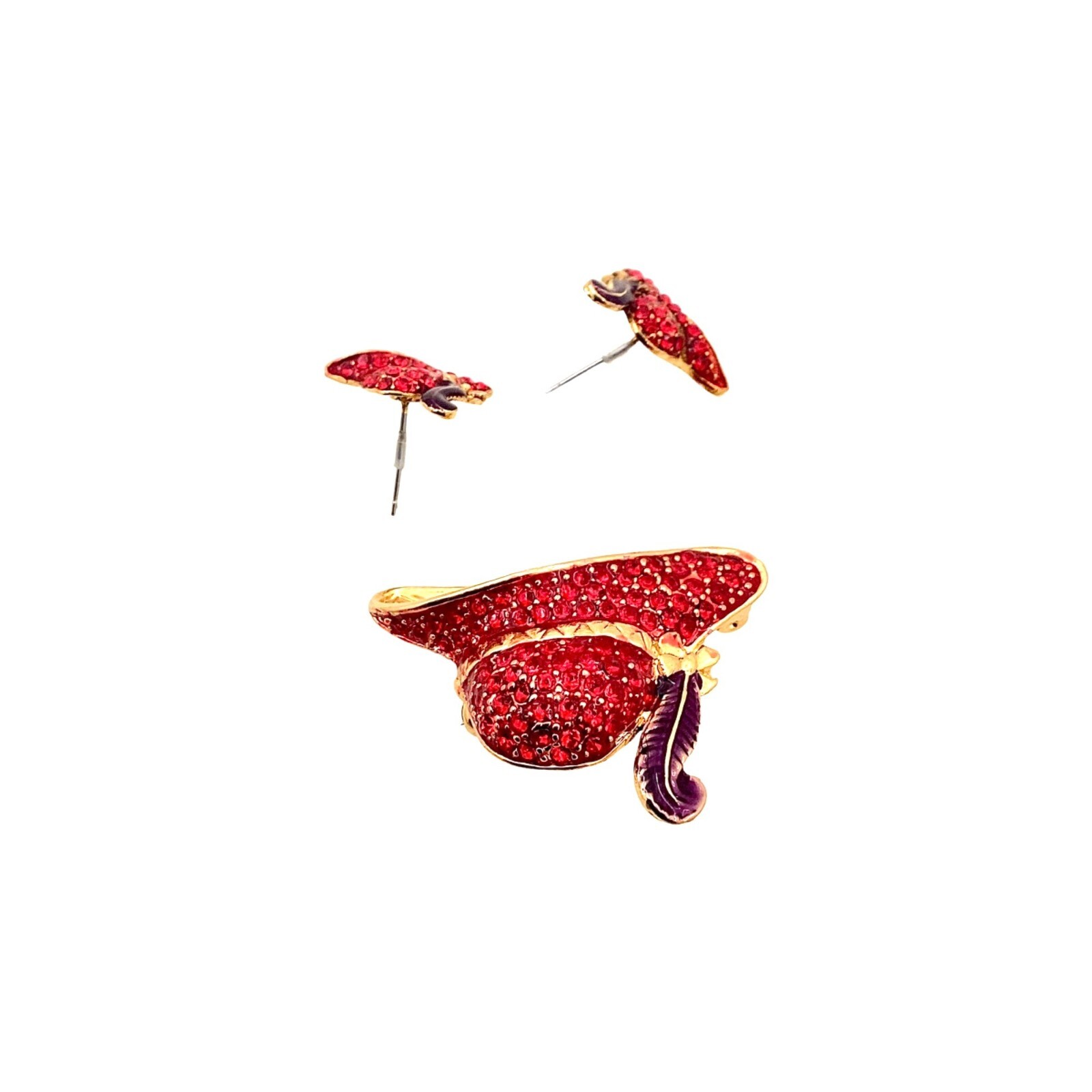 Vintage Red Hat Society Jewelry Set Brooch Earrings Pave Rhinestones Enamel 80s