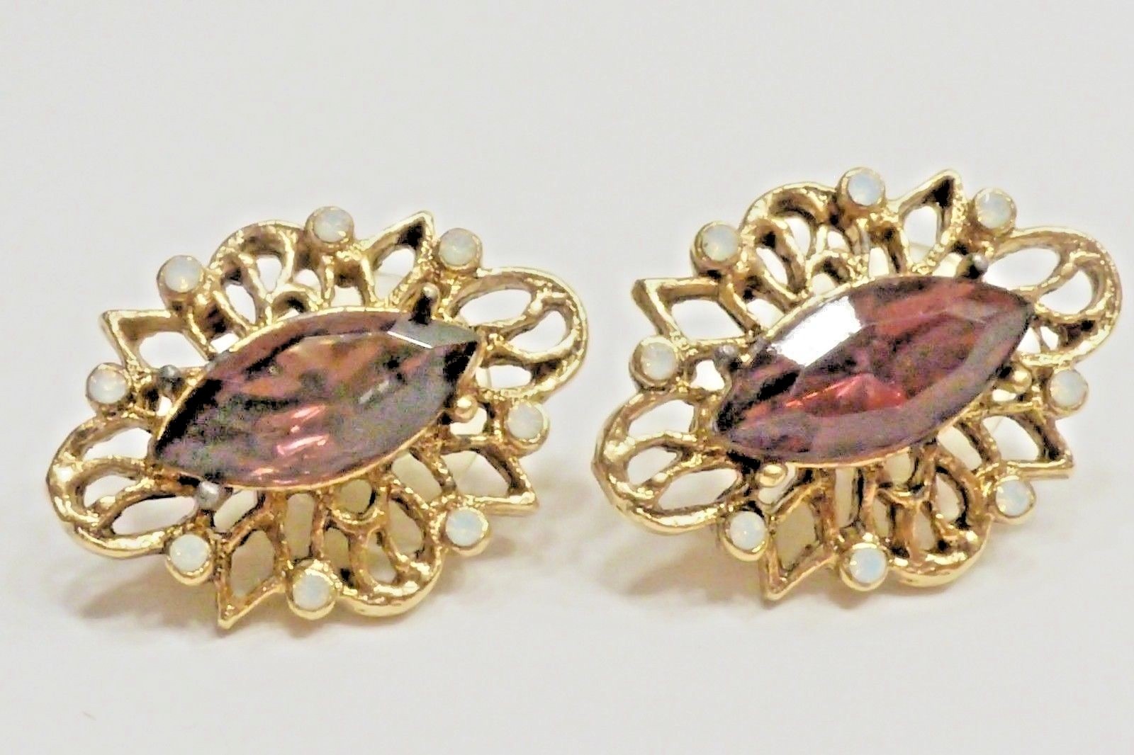 A53) Victorian Style Purple & Faux Opal Crystal & in Antique Gold-tone Earrings