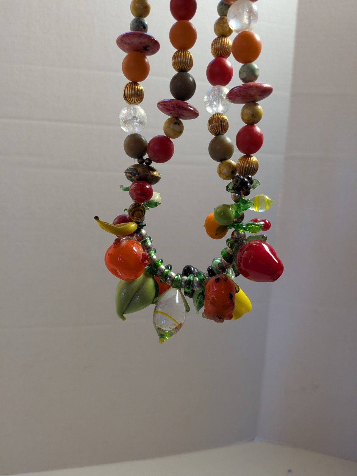 Vtg Fruit Salad Art Glass Fruit Dangle Charm Style Necklace Bananas Apple Grapes