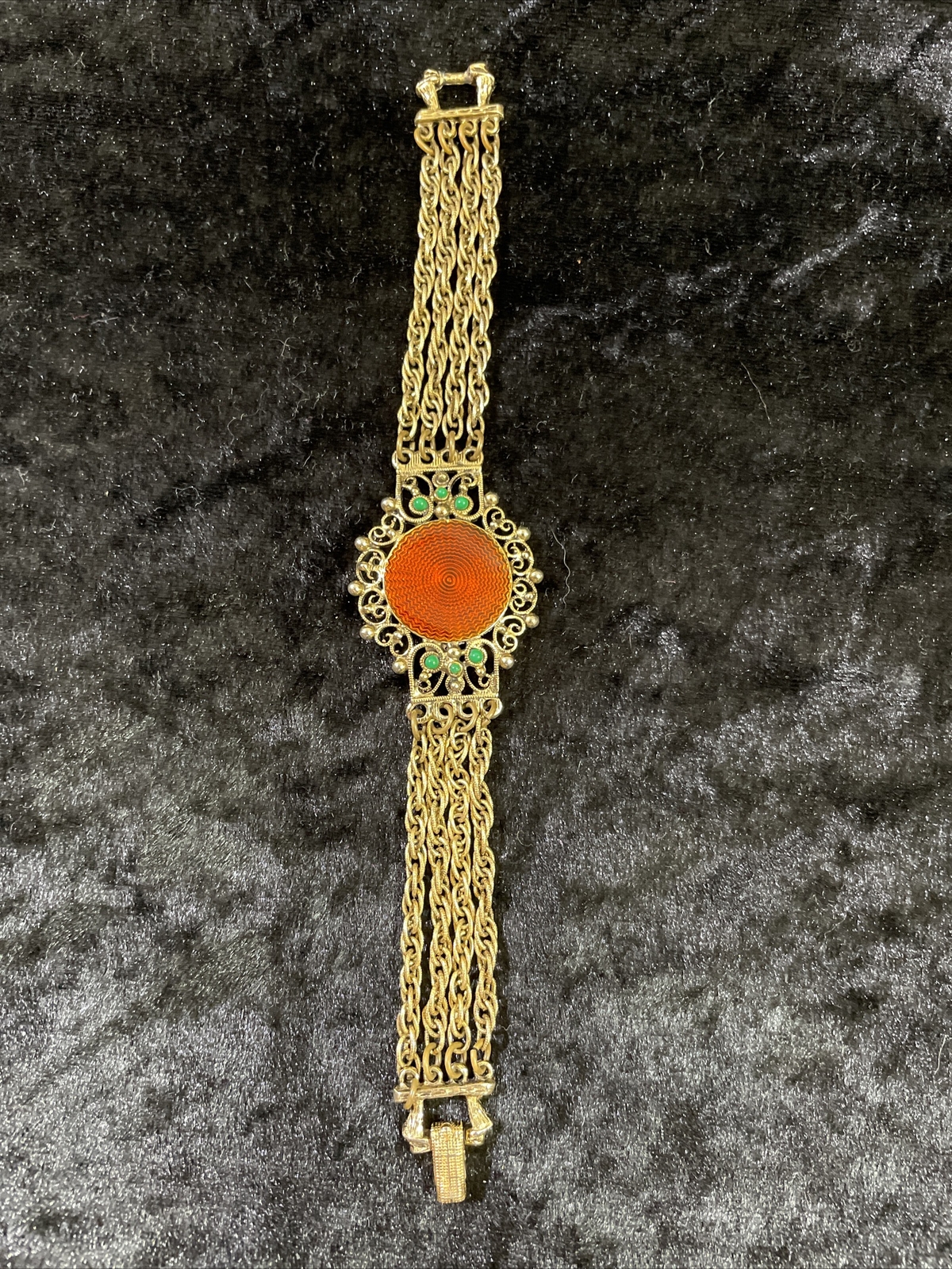 Vintage Orange Enamel & Gold Celtic Knot Chain Bracelet with Small Green Stones