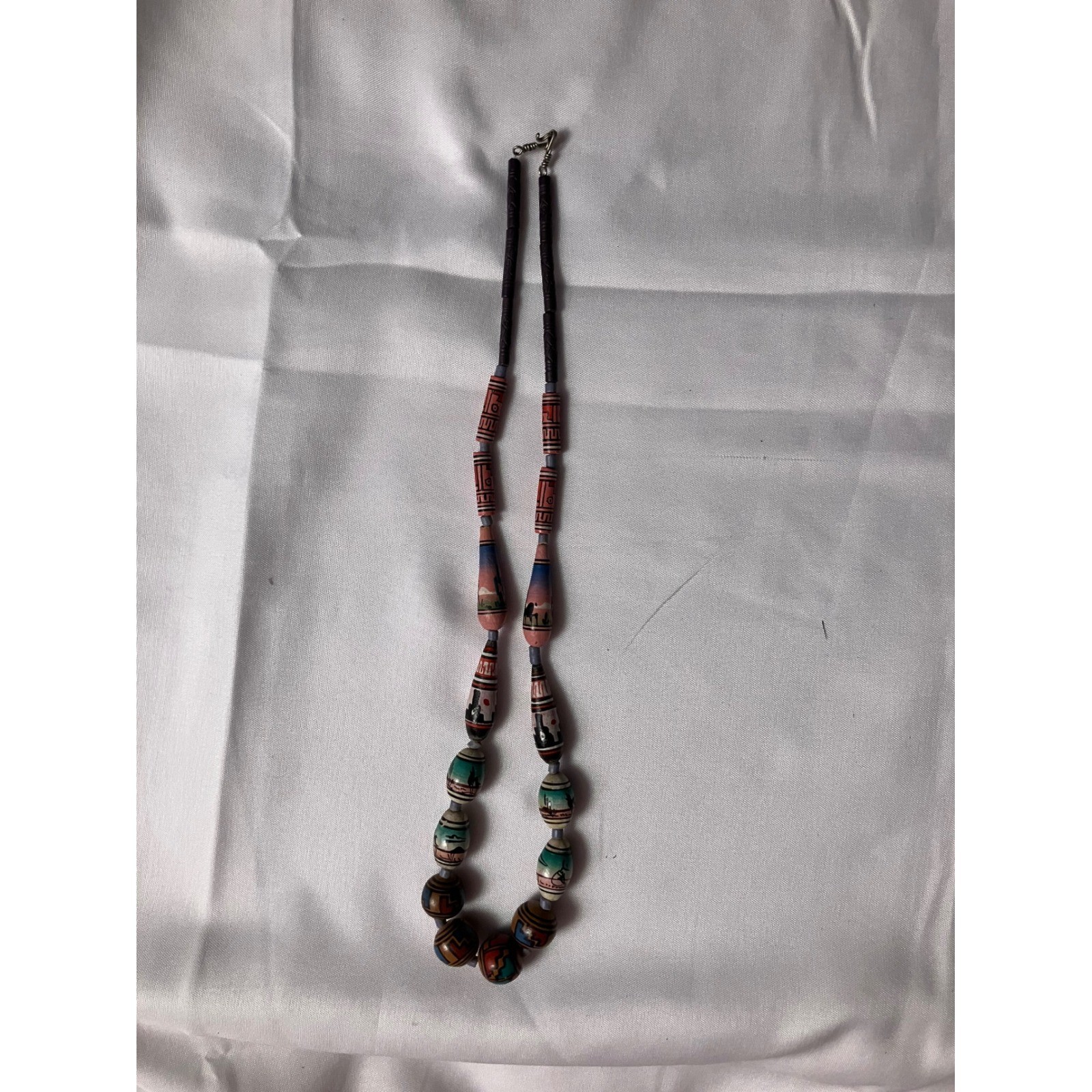Vintage Southwestern Hand Painted Wood Bead Necklace Desert Landscape Tribal 19″