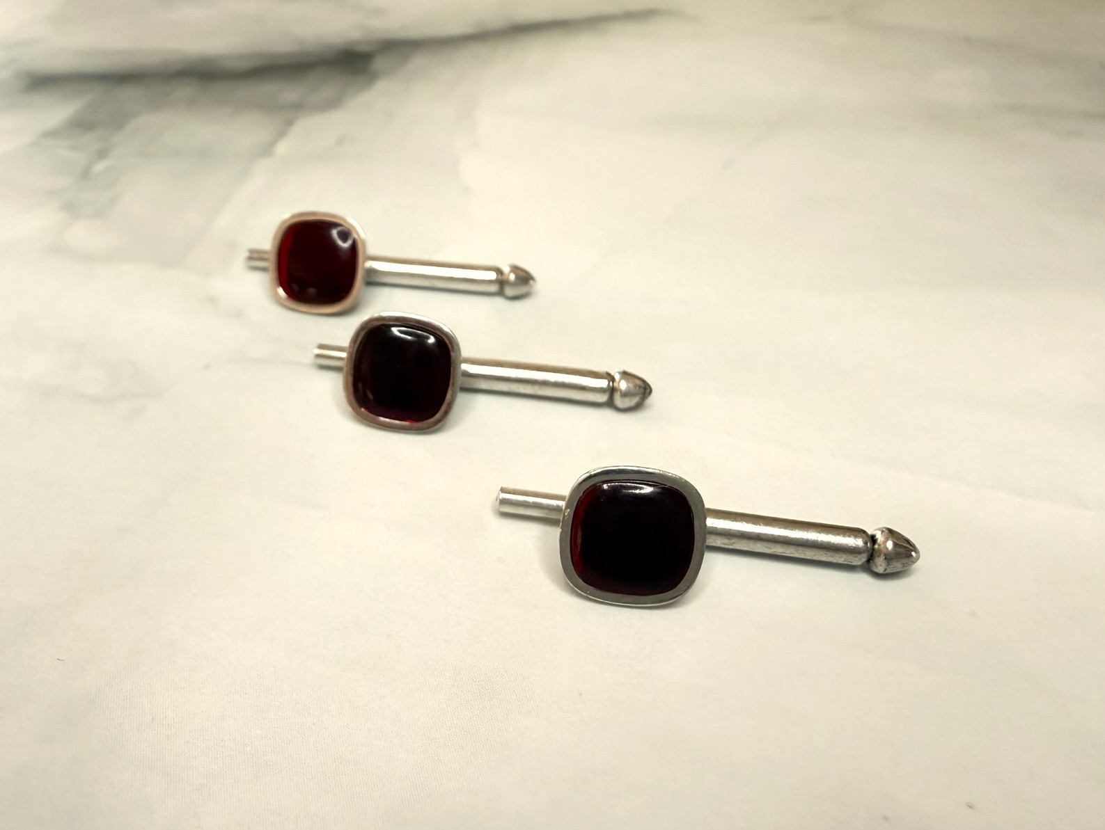 3 Swank Vintage Art Deco Cherry Red Silver Tone Button Links FREE SHIPPING