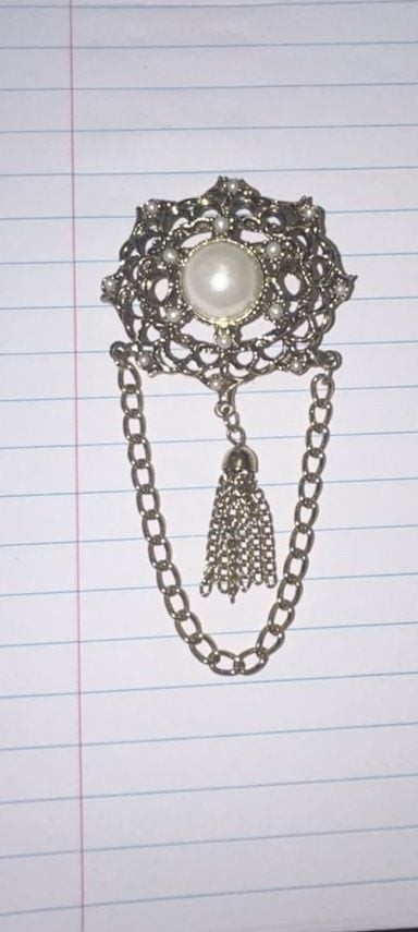 Vintage Ornate Gold Tone Filigree Brooch Faux Pearl Center Hanging Tassel Chain