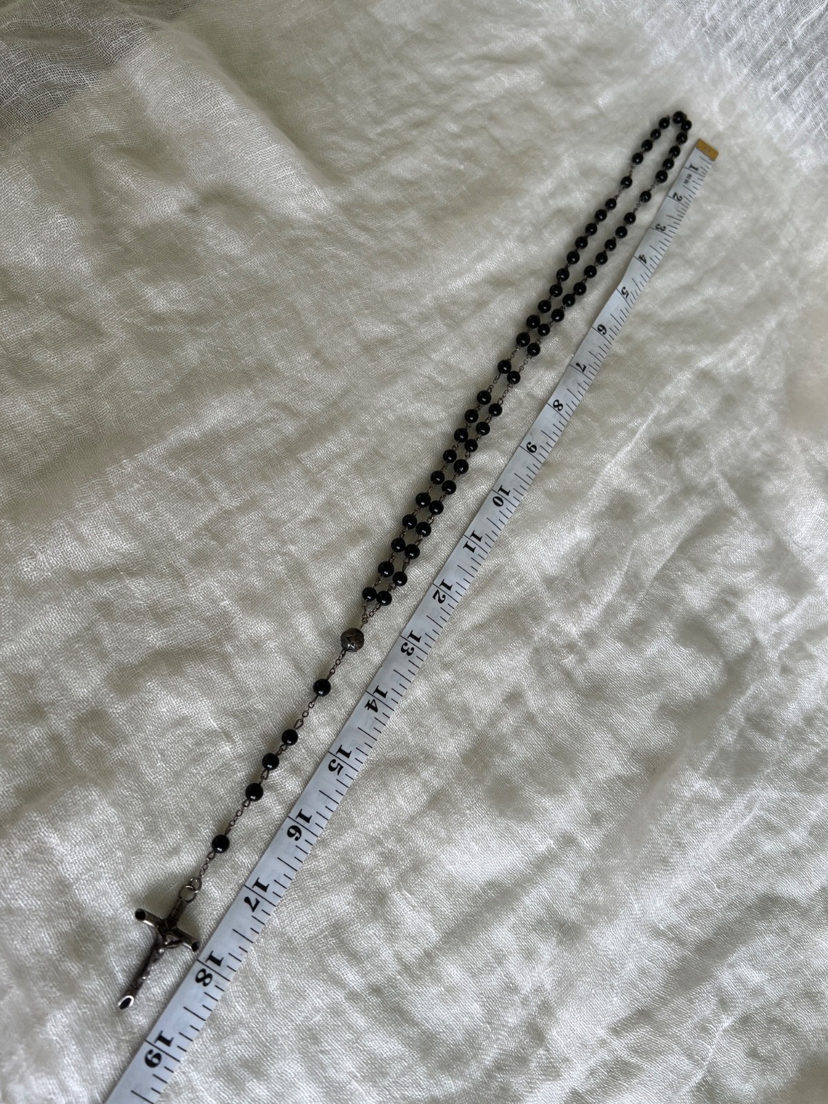 Vintage Black Glass Bead & Silver Tone Rosary 1990s – 20″