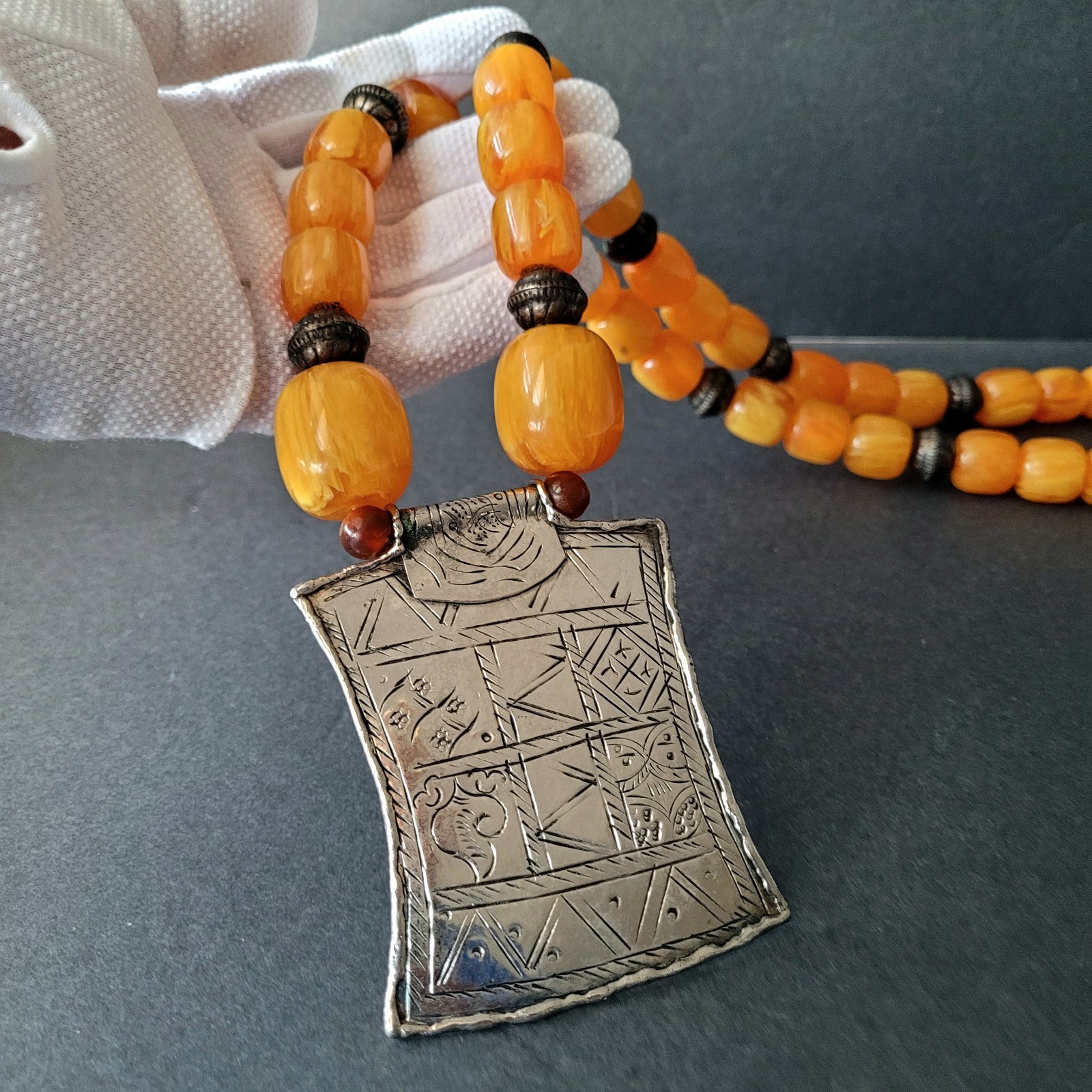 Vtg Pressed Amber Resin ? Prayer Beads Necklace Silverplate Pendant Moroccan