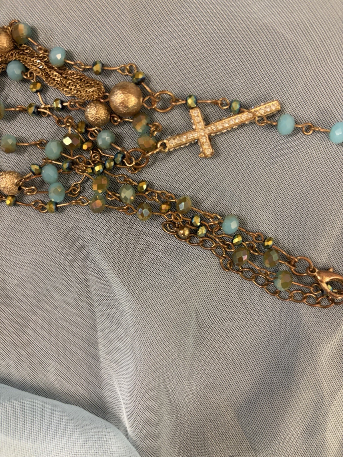 Vintage Rosary Style Choker Necklace 20” Blue Crystal + Gold Stardust Earrings