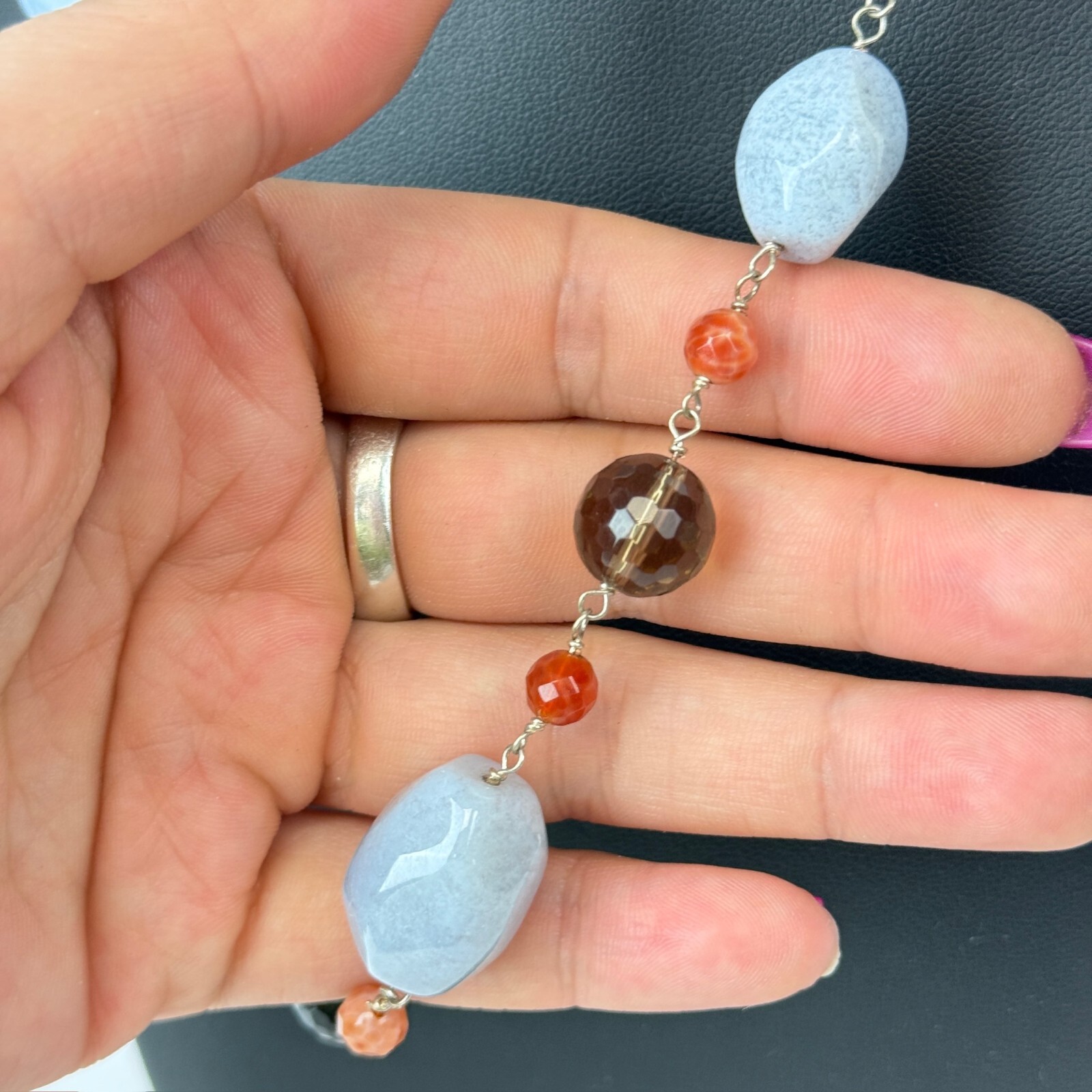 Polished Agate Blue Gemstone Smoky Quartz Faceted 19″ Chain Necklace 925 Clasp