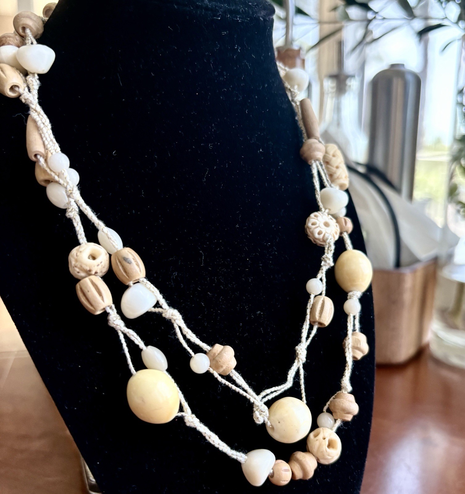Vintage 90s Multi Strand Wood Bead Necklace Woven Cord Boho Bone Layered Choker