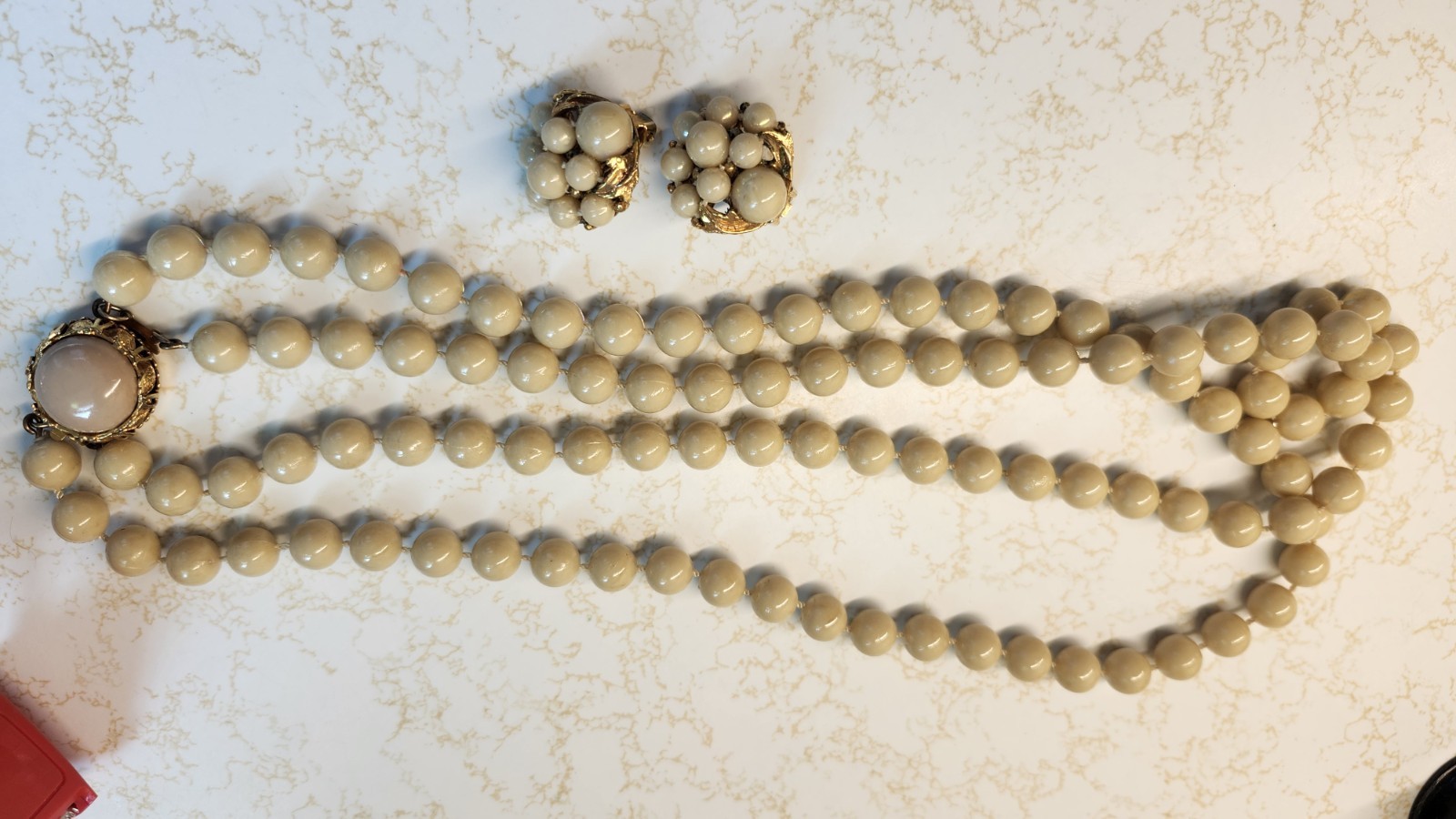 Vintage Cream Pearl Bead Multi Strand Necklace And Earring Set