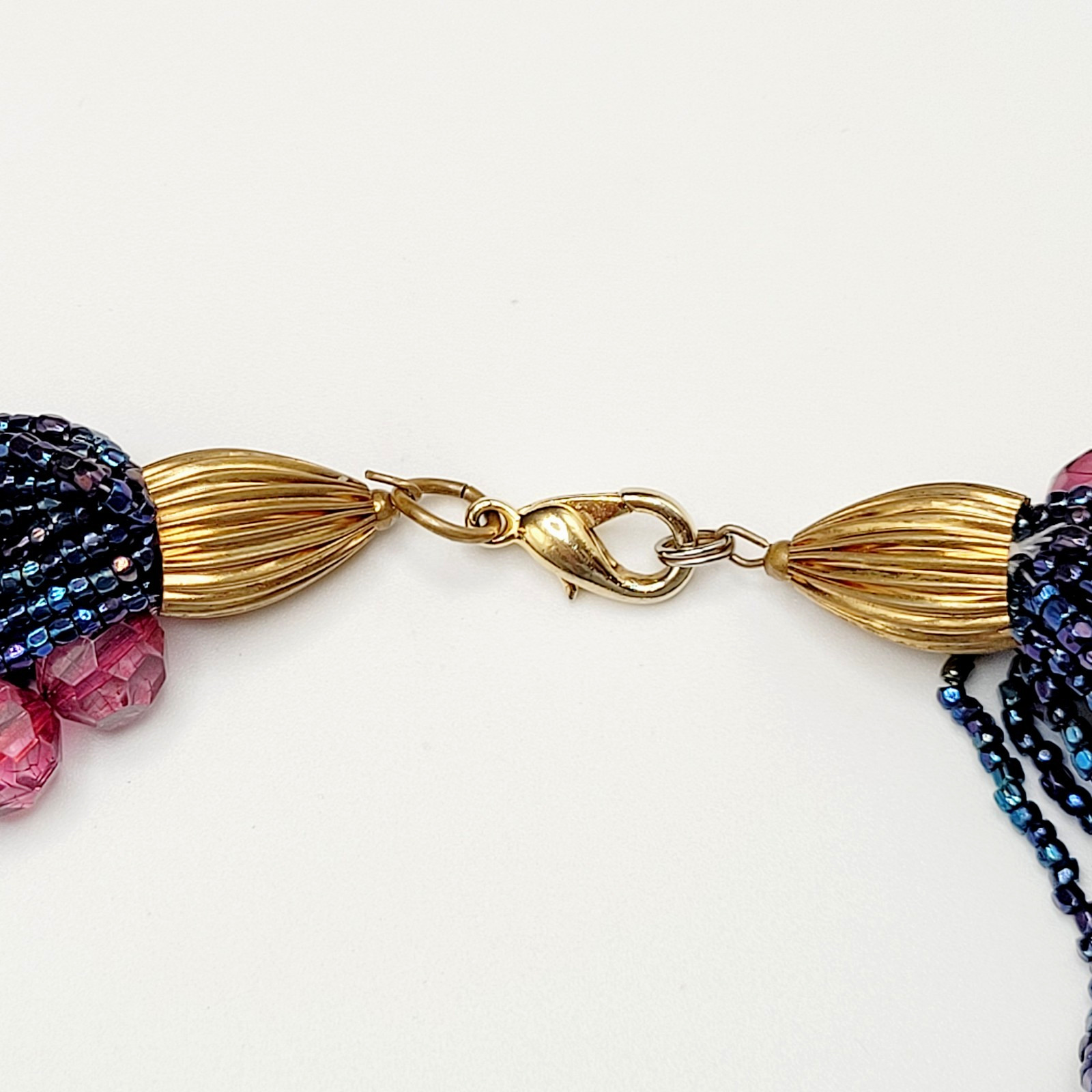 Purple and Deep Blue Iridescent Twist Multi Strand Glass Beaded Vintage Necklace