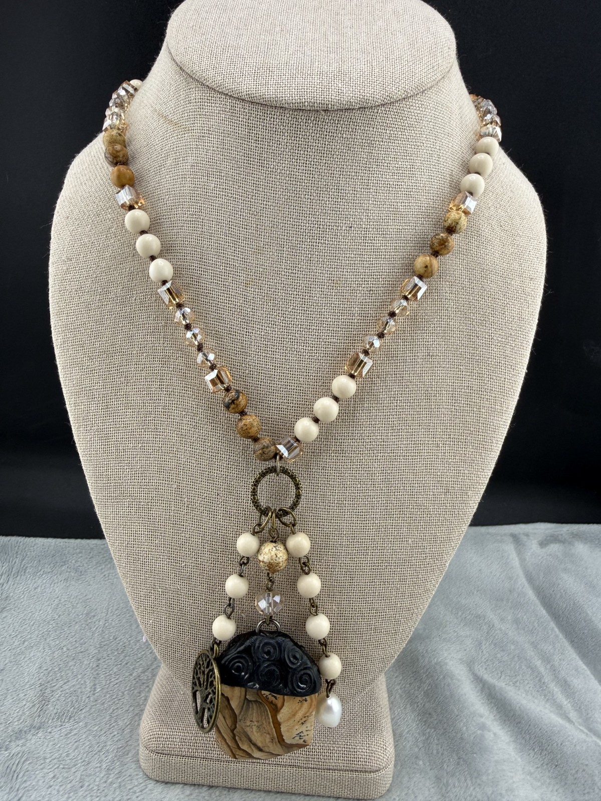 Bohemian Necklace Brown White Beads Carved Pendant Gold Tone 32″