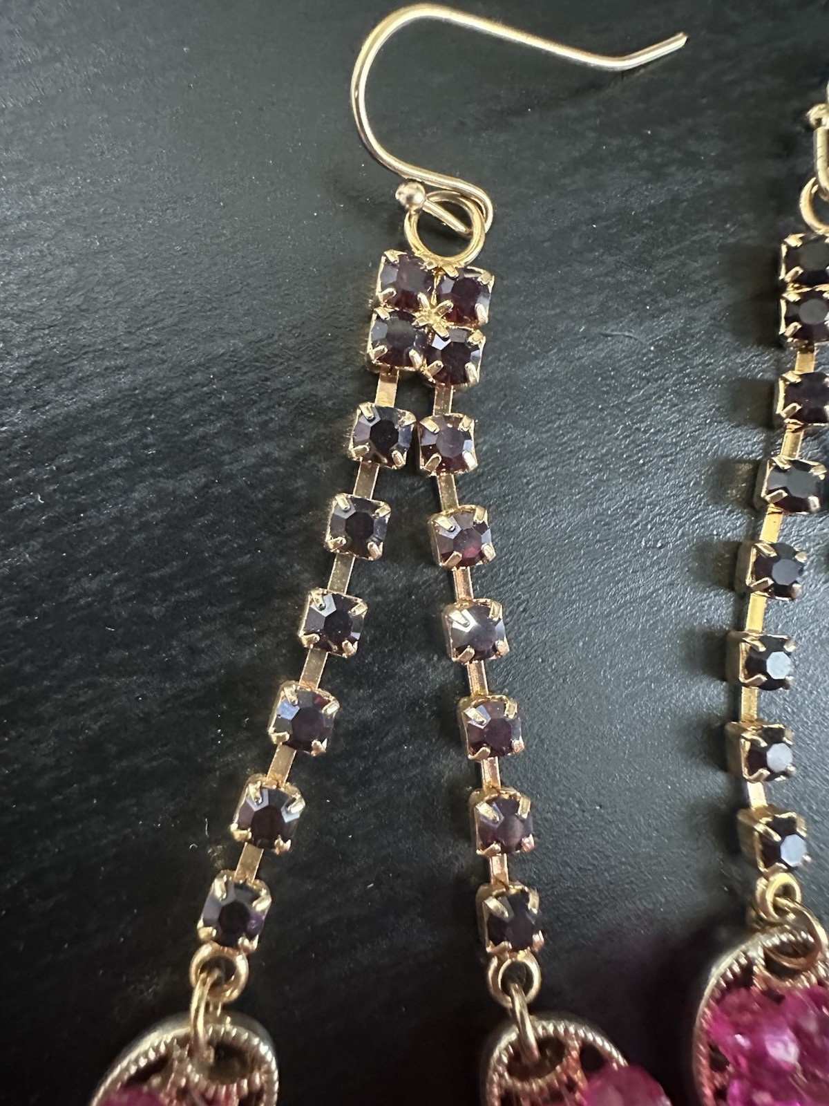 Nice Vintage Gold Tone Pink Purple Deep Red Rhinestone Dangle Hook Earrings