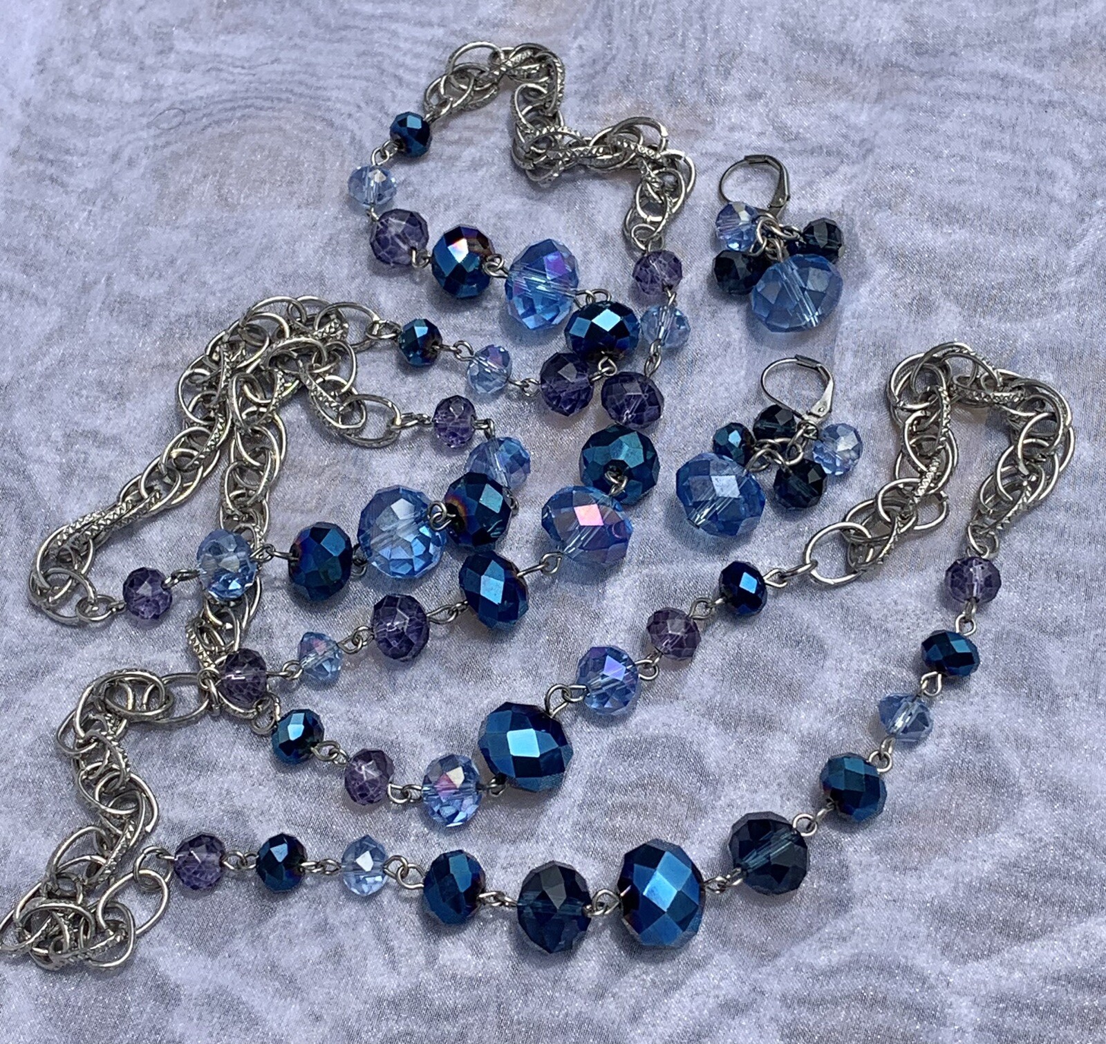 Vintage 70s Blue, Peacock & Purple Aurora Borealis Crystal Necklace Earrings Set