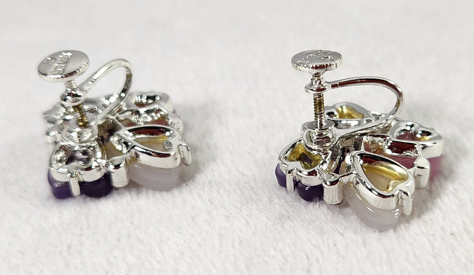 Lisner Signed 4 Heart Purple Pink White Lucite & Rhinestones Earrings Screw Back