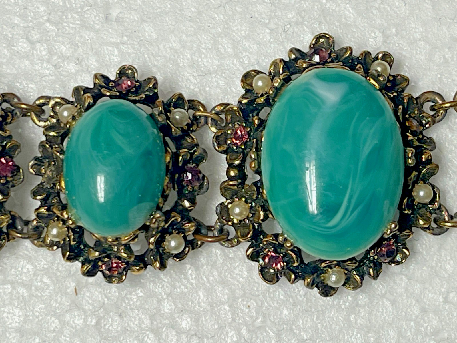 Vintage Selro or Selini Teal Green Faux Pearl Cabochon Chunky Link Bracelet